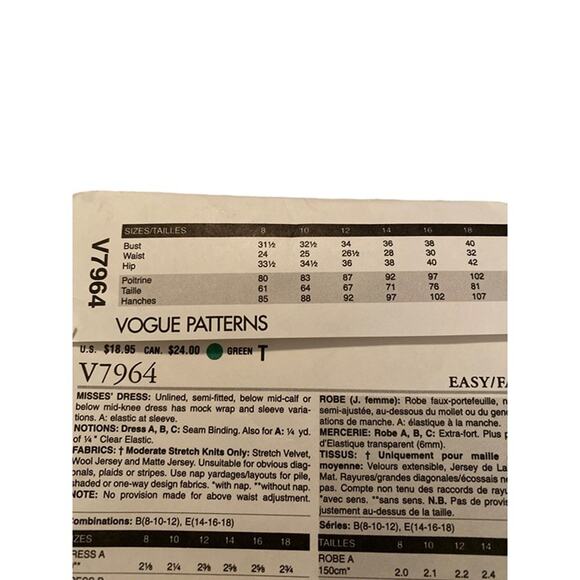 Sewing Pattern Vogue V7964 Mock Wrapped Semi-Fitted Dress Size: 8-10-12 - Picture 3 of 5